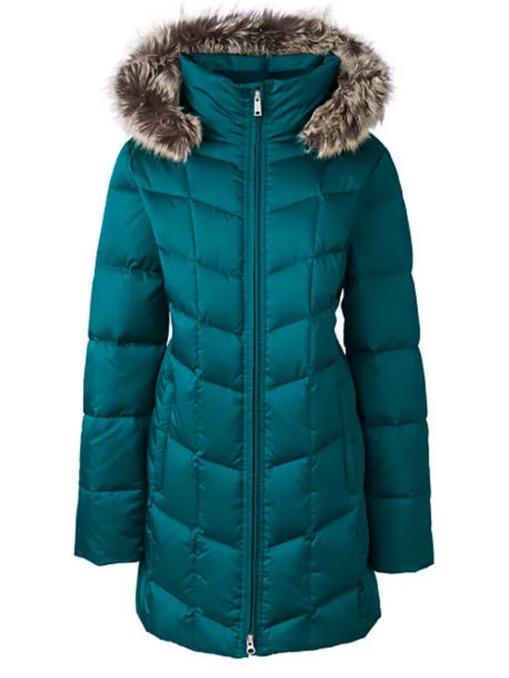 Lands' End Down Puffer Parka Coat Sz L Teal Removable Hood Winter Longline